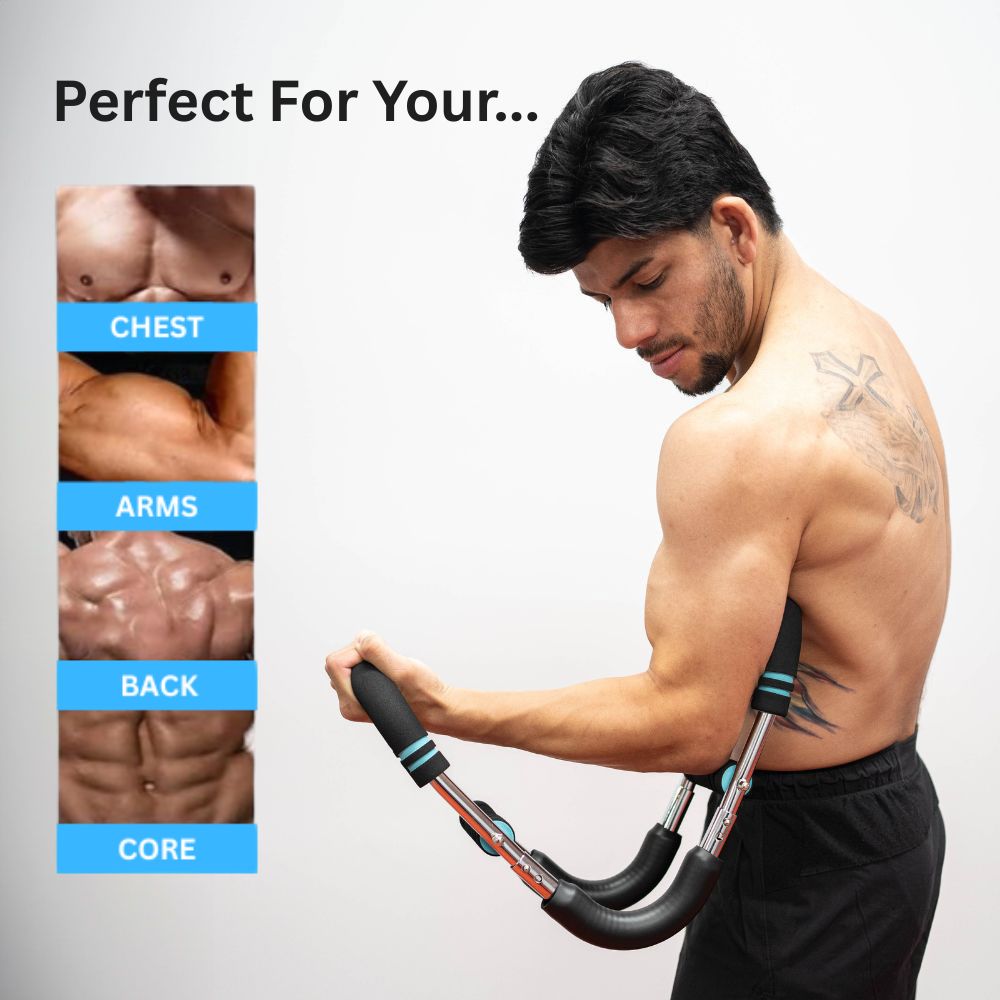Man training chest and arms with the Zixomo Power Sculpt Bar