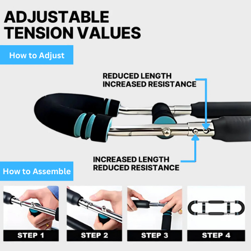 Adjustable tension settings and 4-step assembly of the Power Sculpt Bar